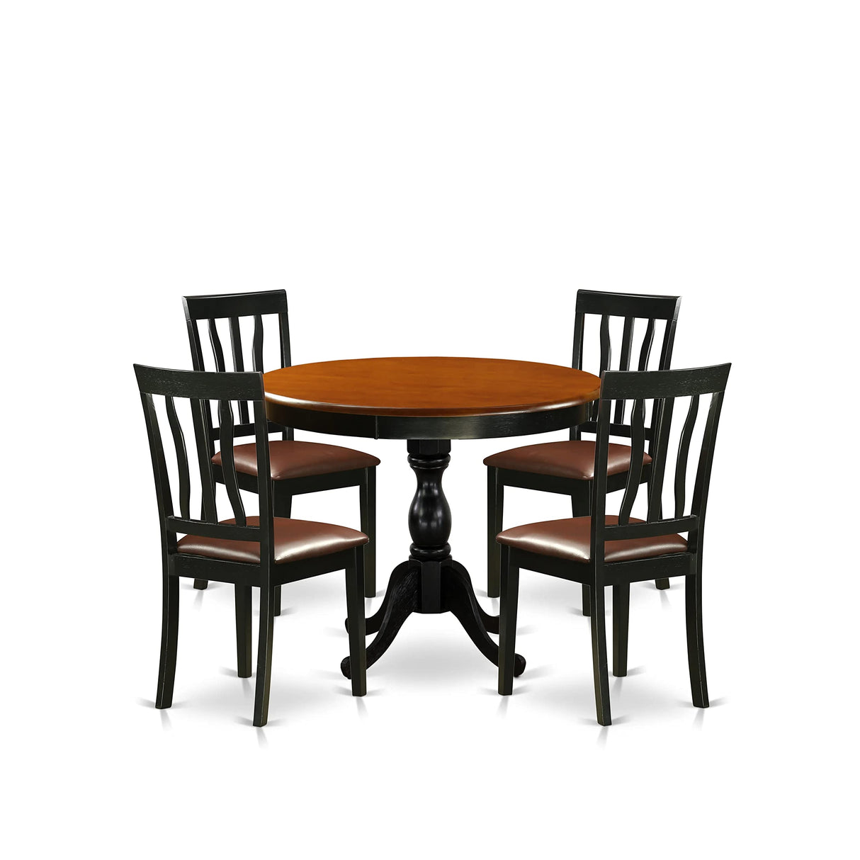 AMAN5-BCH-LC 5 Piece Set for 4 includes a Round Table with Pedestal and 4 Faux Leather Kitchen Dining Chairs, 36x36 Inch