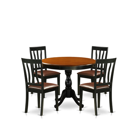 AMAN5-BCH-LC 5 Piece Set for 4 includes a Round Table with Pedestal and 4 Faux Leather Kitchen Dining Chairs, 36x36 Inch