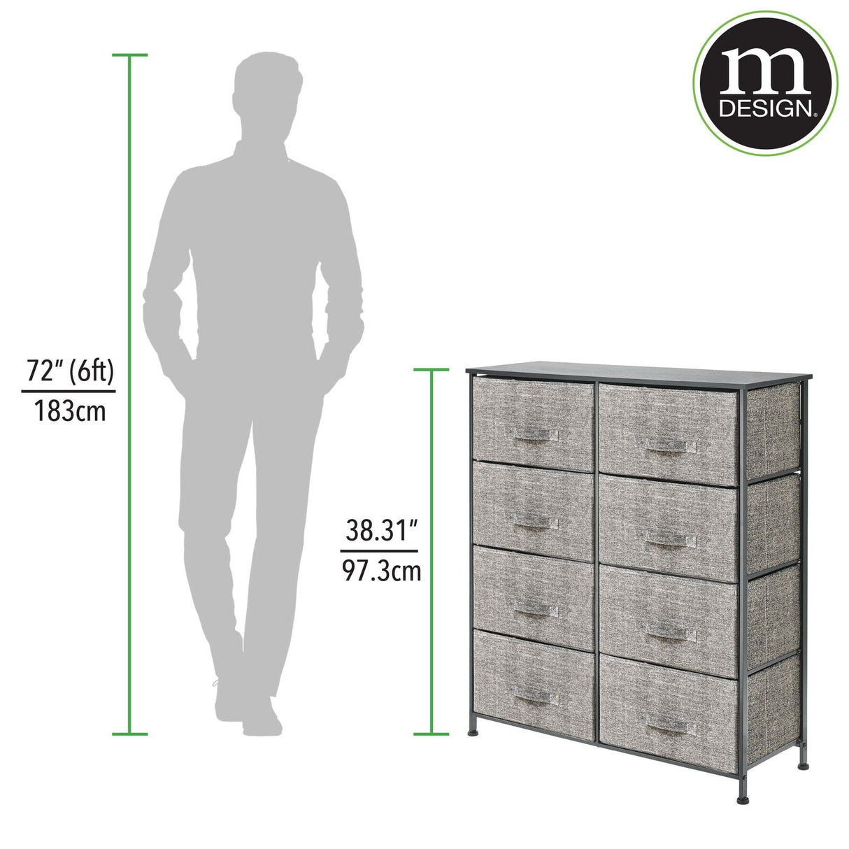 mDesign 38.31" High Steel Frame/Wood Top Storage Dresser Furniture Unit with 8 Removable Fabric Drawers - Large Bureau Organizer for Bedroom, Living Room, or Closet - Lido Collection, Black/Dark Gray