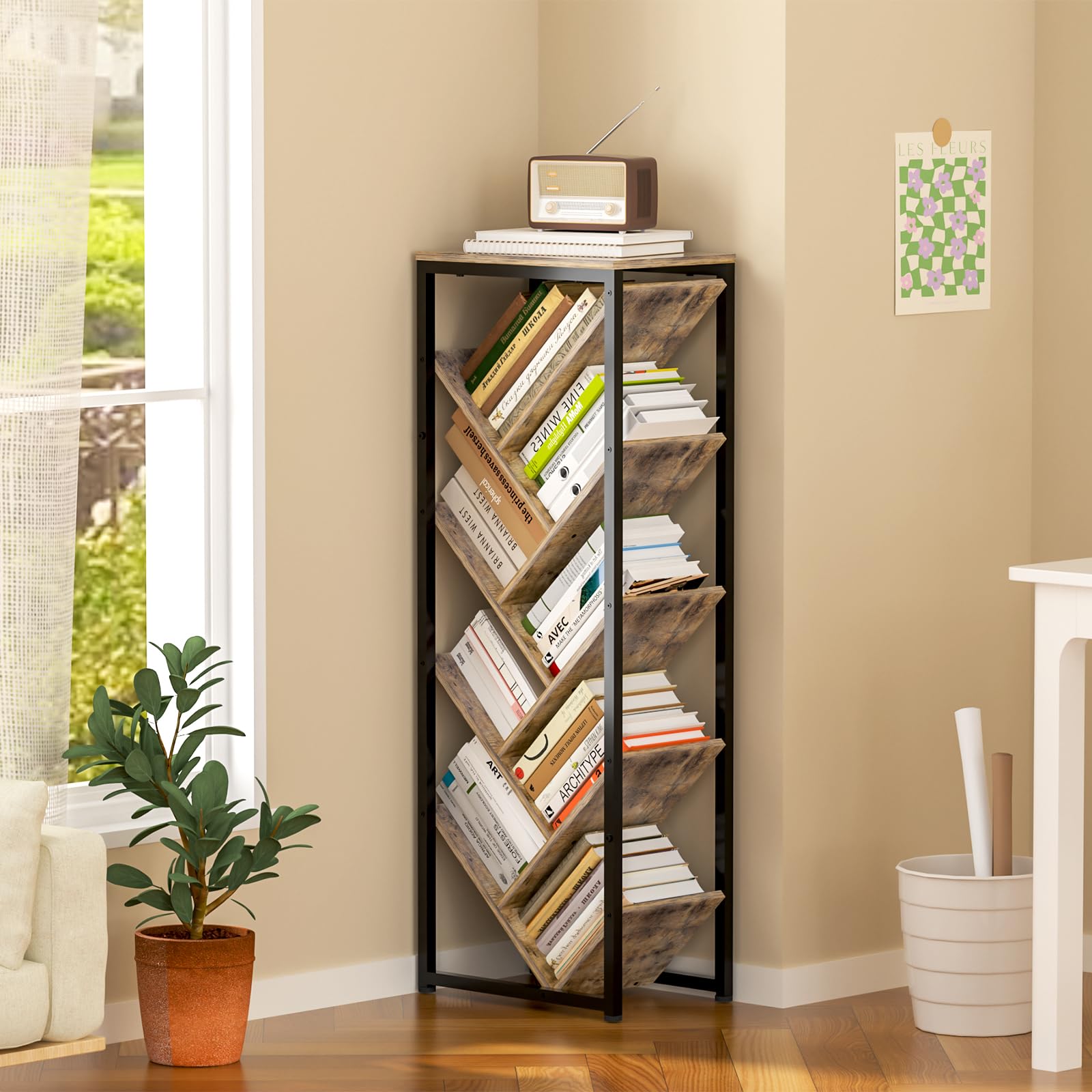 Tree Bookshelf - 9 Tier Floor Standing Tree Bookshelf for Hardcover Books, Small Bookshelf for Small Spaces Bookshelves Wooden Book Storage Organizer Shelves for Bedroom Living Room