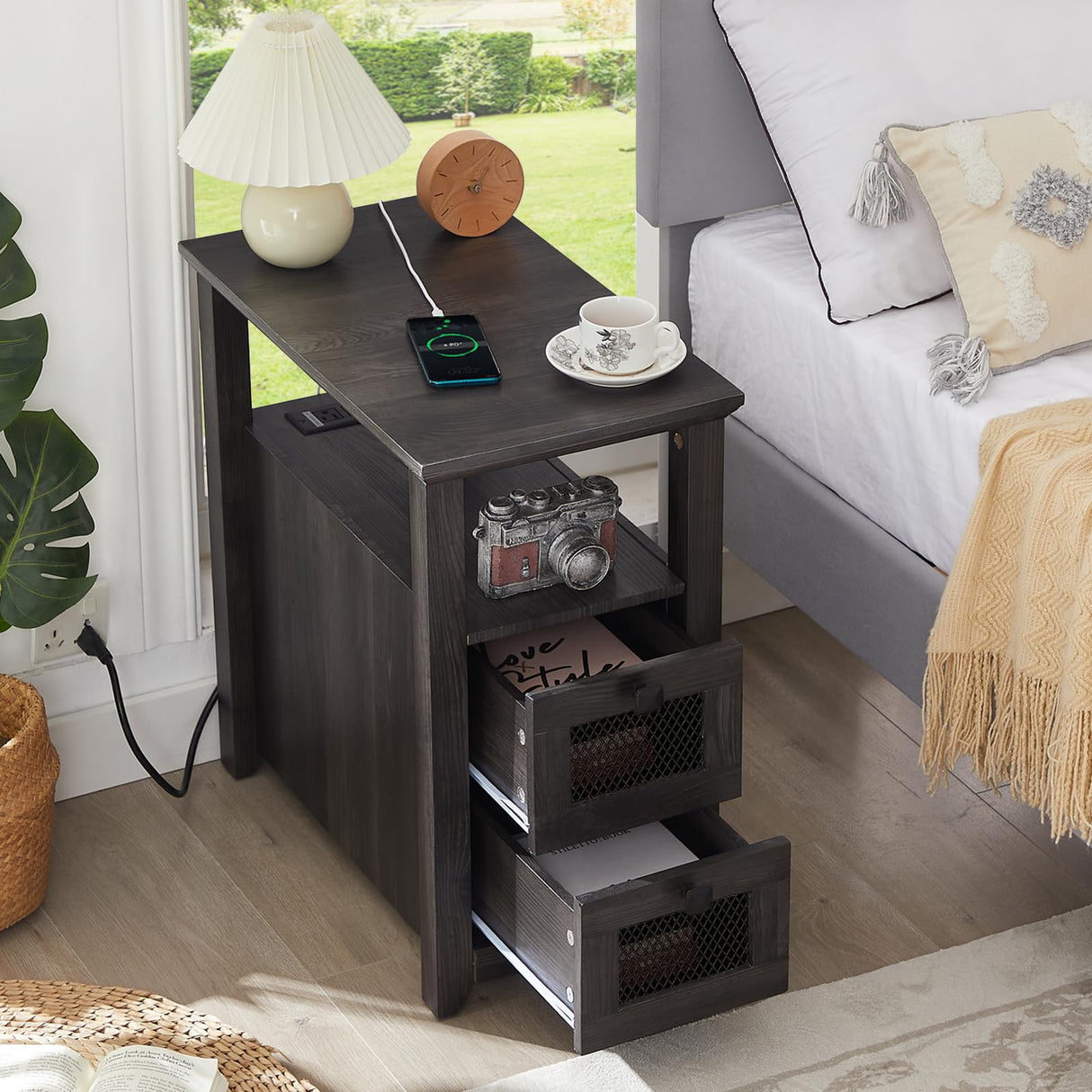 Farmhouse XXL End Table with Charging Station, Narrow Side Table