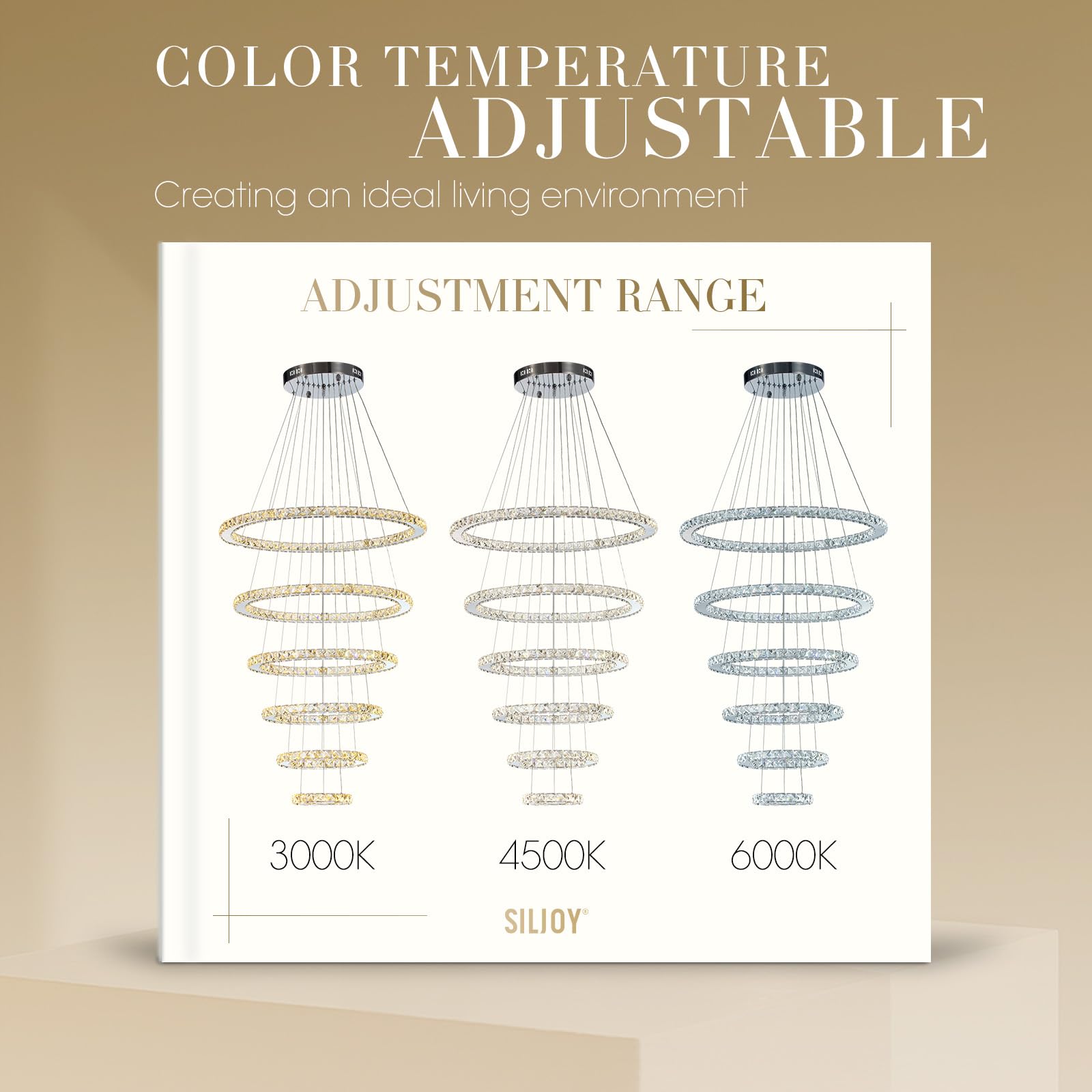 Modern Crystal Chandelier Lighting, 6 Ring Chandelier LED Ceiling Lights Fixtures