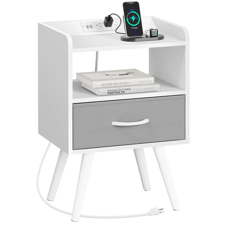 Night Stand with Charger Station, White Nightstand with Drawer and Open Shelf