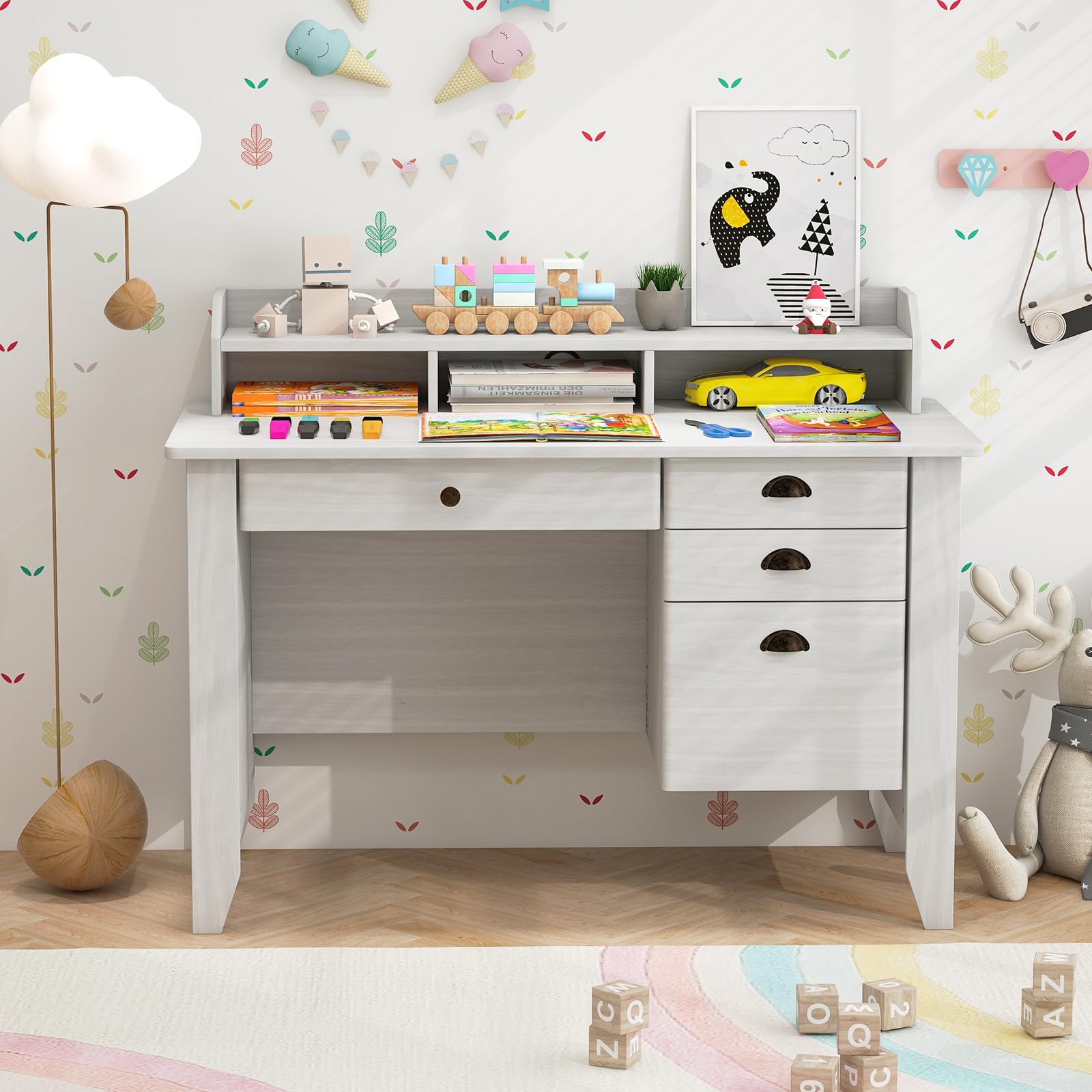 Computer Desk with 4 Storage Drawers and Hutch Wood Executive Table for PC Laptop