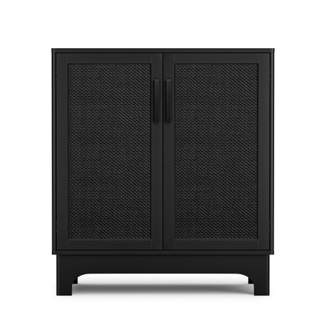 Black Rattan Cabinet, Natural Rattan Storage Cabinet with 2 Doors Adjustable Shelf Large