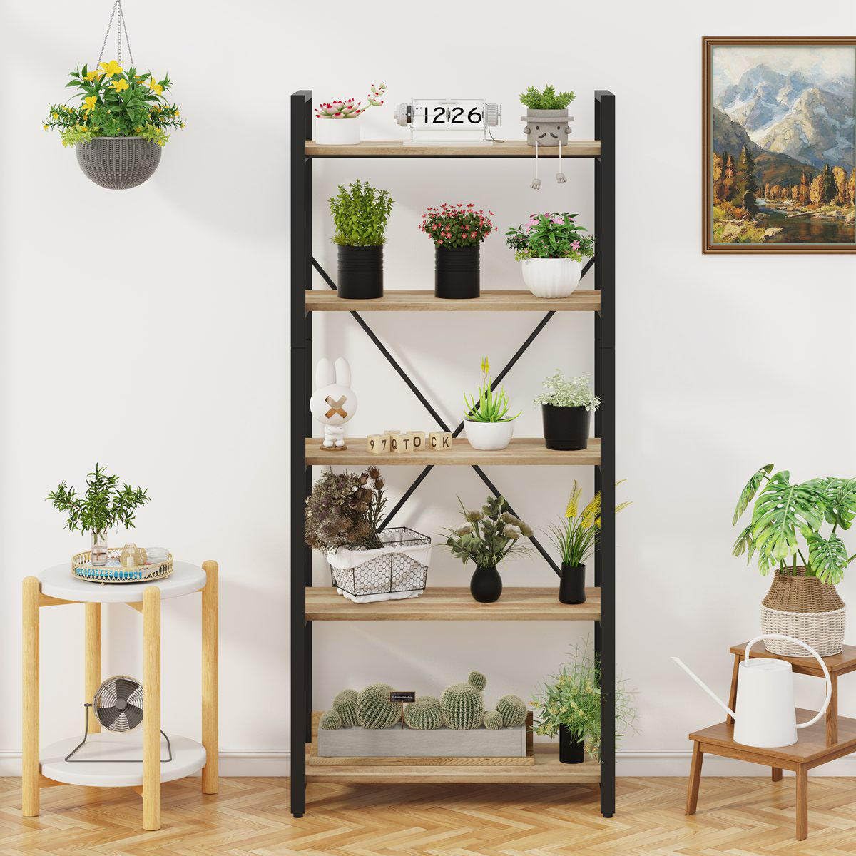 5 Tier Bookshelf, Industrial Wood and Metal Book Shelves for Display, Tall Etagere Bookcase and Rustic Shelving Unit (Rustic Oak)