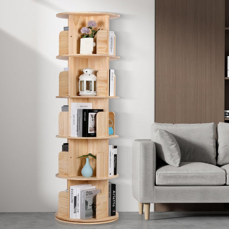 Bookshelf Tower, 5 Tiers Floor Standing Bookcase Storage Rack, 360 Display Round