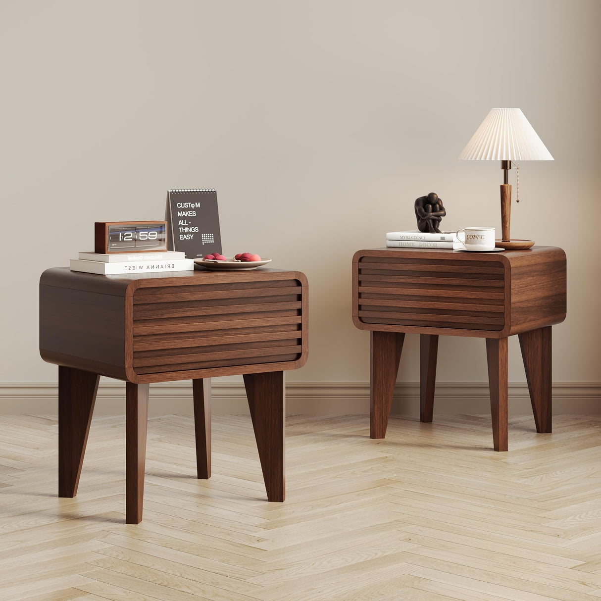 Nightstands Set of 2 Mid Century Modern Night Stand Wood Accent Bedside Table with Drawer Small Side Table for Small Space End Table for Bedroom Living Room, Walnut 2PCS