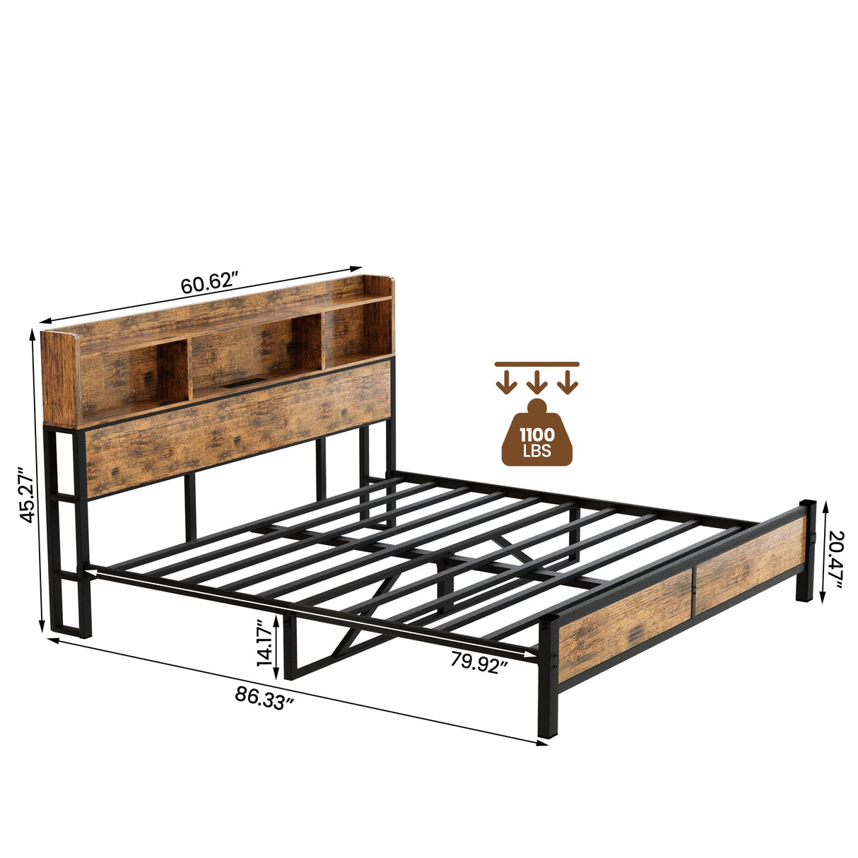 Lamerge Queen Bed Frame with Storage Headboard and Charging Station