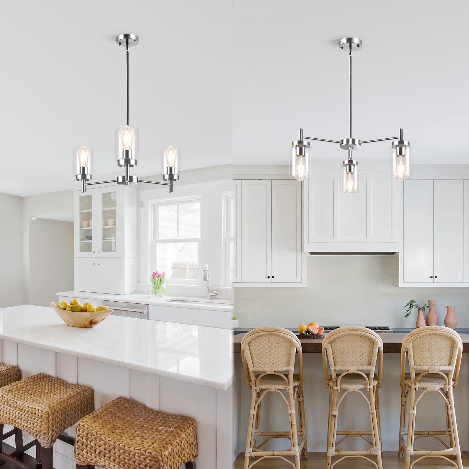3 Lights Brushed Nickel Modern Farmhouse Chandelier for Dining Room with Glass Shade