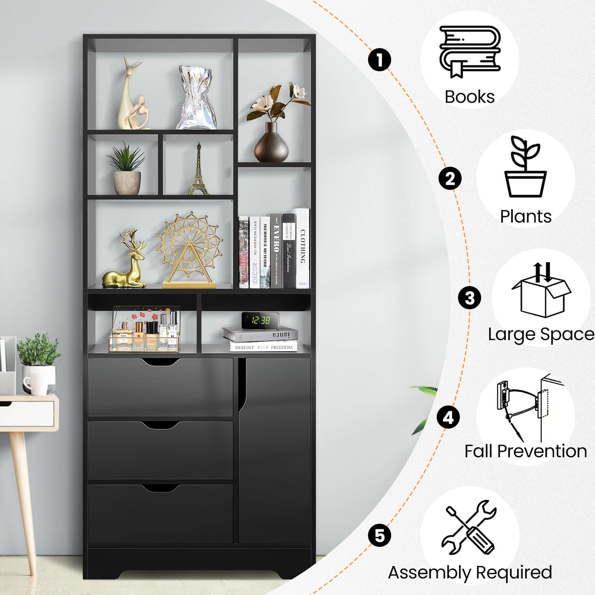 Stylish Black Bookshelf, 71" Tall Bookshelf with Doors and 3 Drawers, Wood Bookshelf