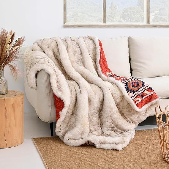 Luxury Plush Faux Fur Throw Blanket, Long Pile Golden Yellow with Black Tipped Blanket