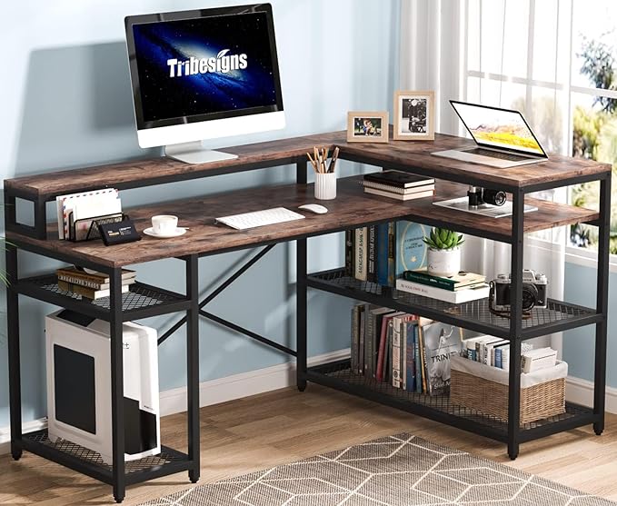L Shaped Desk with Storage and Monitor Stand, Industrial Home Office Computer Desk