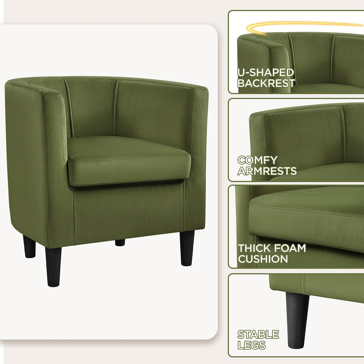 Modern and Comfortable Armchairs, Upholstered Barrel Sofa Chair for Living Room Bedroom Waiting Room, Olive Green