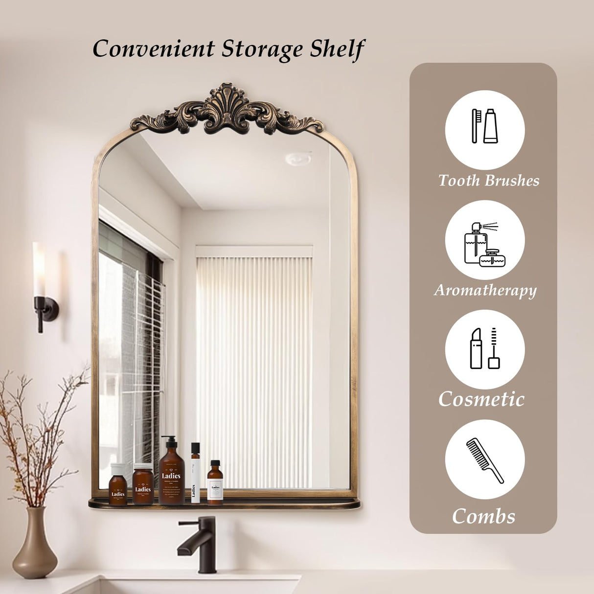 Gold Arch Baroque Mirror with Shelf 20x32