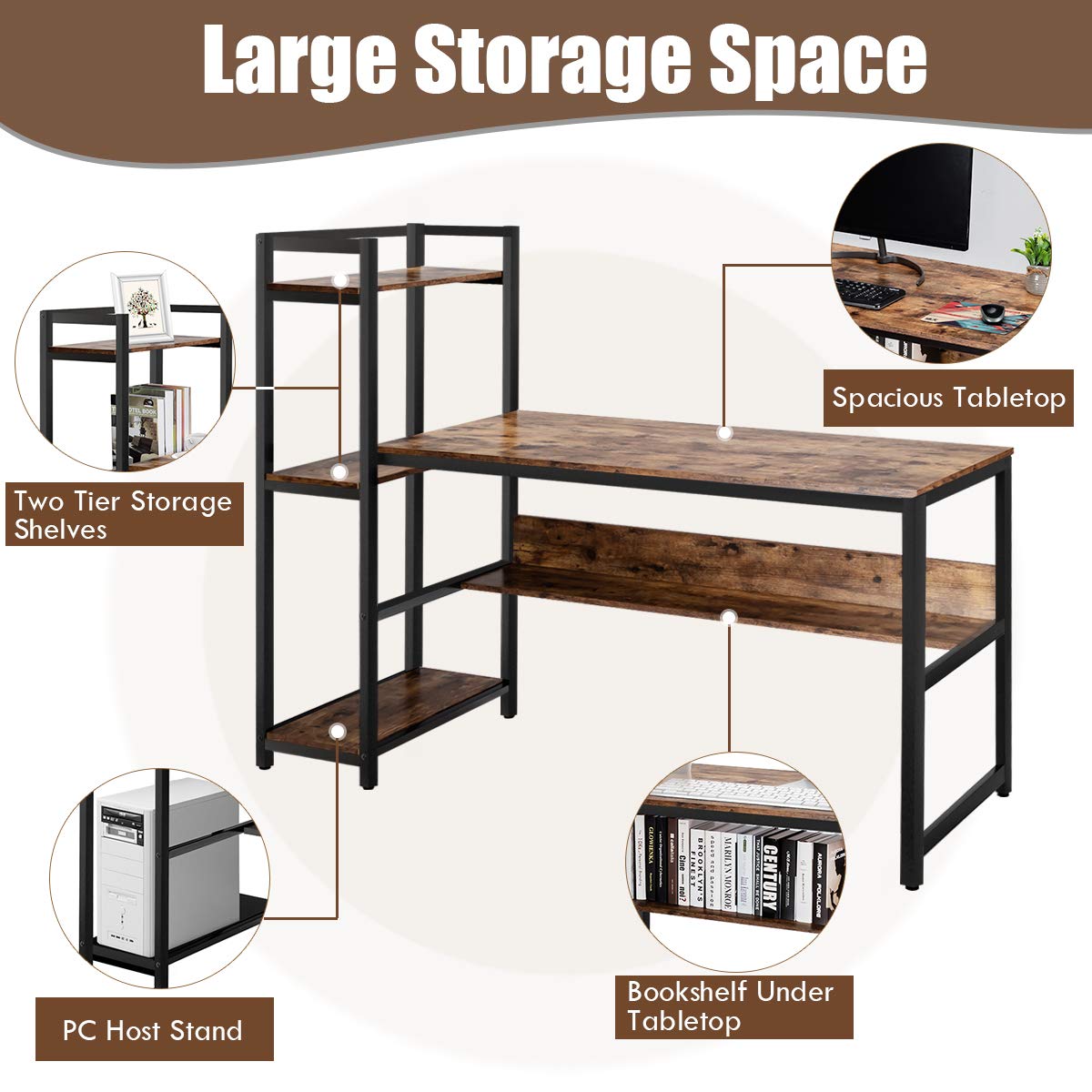 59-Inch Computer Desk with Bookshelf, Home Office Desk with Storage Bookshelf