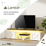 Farmhouse TV Stand for 80 Inch TV with RGB Lighting and Power Outlets