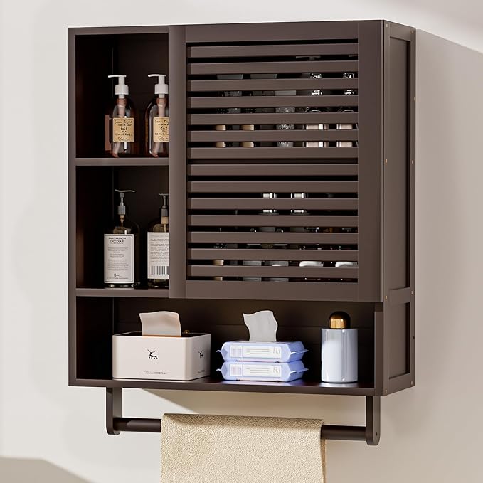 Bamboo Bathroom Cabinet Wall with Towels Bar, Medicine Organizer with Open Compartment