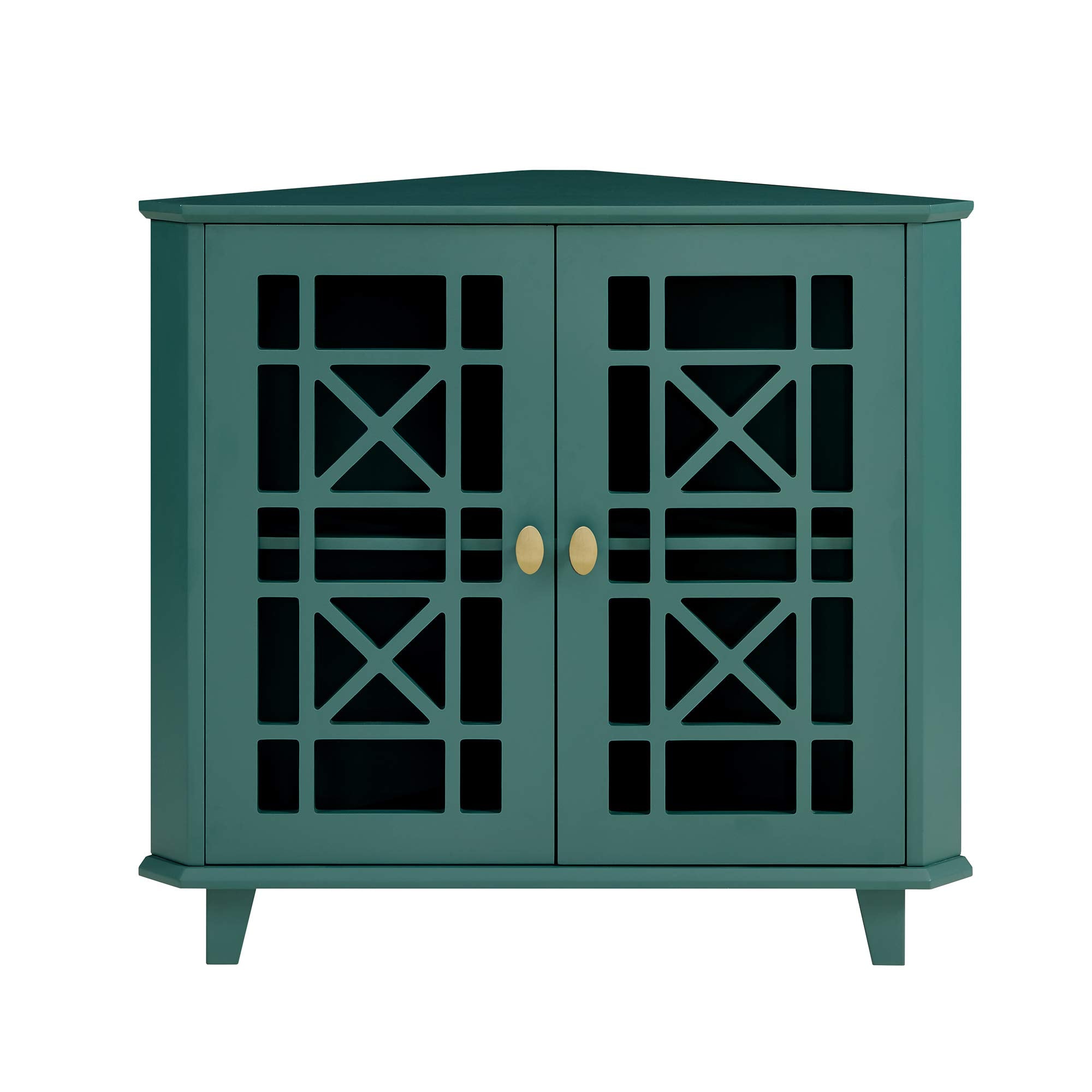 Edison Ronne 32 Inch 2 Door Corner Accent Table with Fretwork Detail - Dark Teal