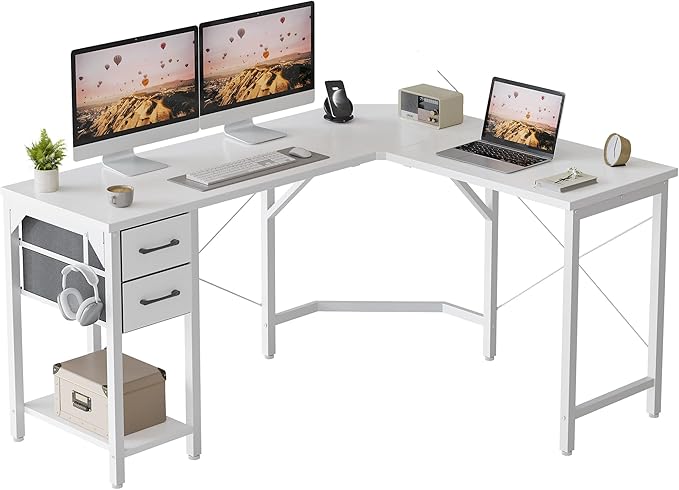 L Shaped Computer Workstation with Storage Drawers and Bookshelves