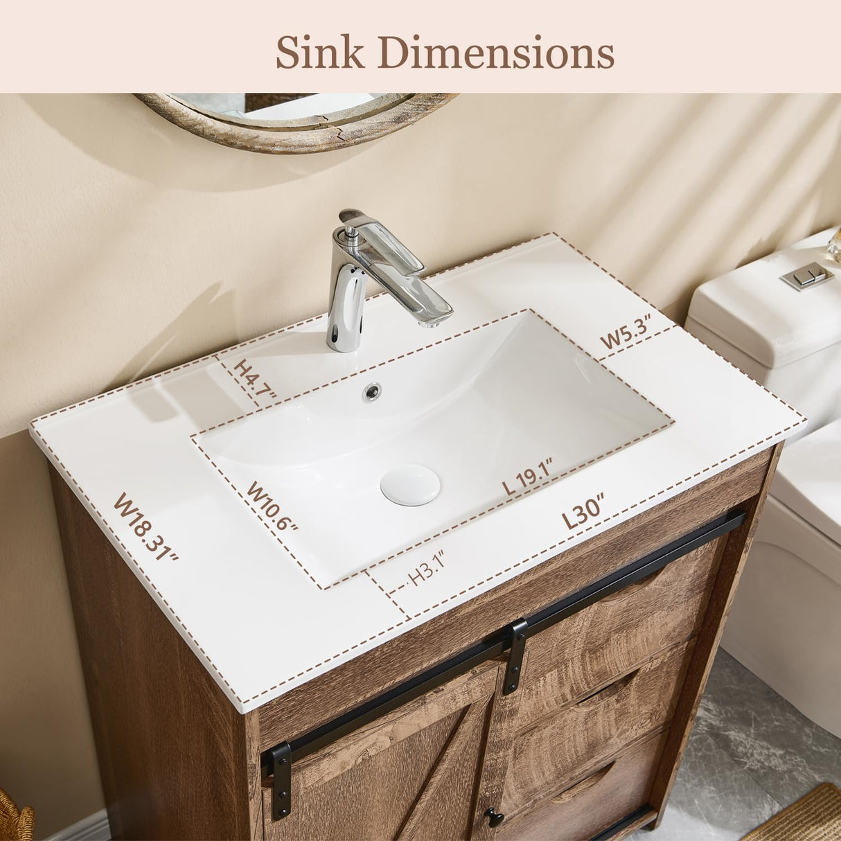 Aitjunz 30" Farmhouse Bathroom Vanity with Sink, Freestanding Modern Bathroom Storage Vanity Cabinet w/Sliding Barn Door, 3 Drawers & Adjustable Shelves, Light Brown