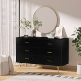 Dresser for Bedroom with 6 Drawers, Wooden Black Dresser with Golden Handles, Modern Chests of Drawer Storage Organizer for Hallway, Entryway