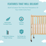 Folding Full Size Convenience Crib In Natural, Two Adjustable Mattress Height Positions,