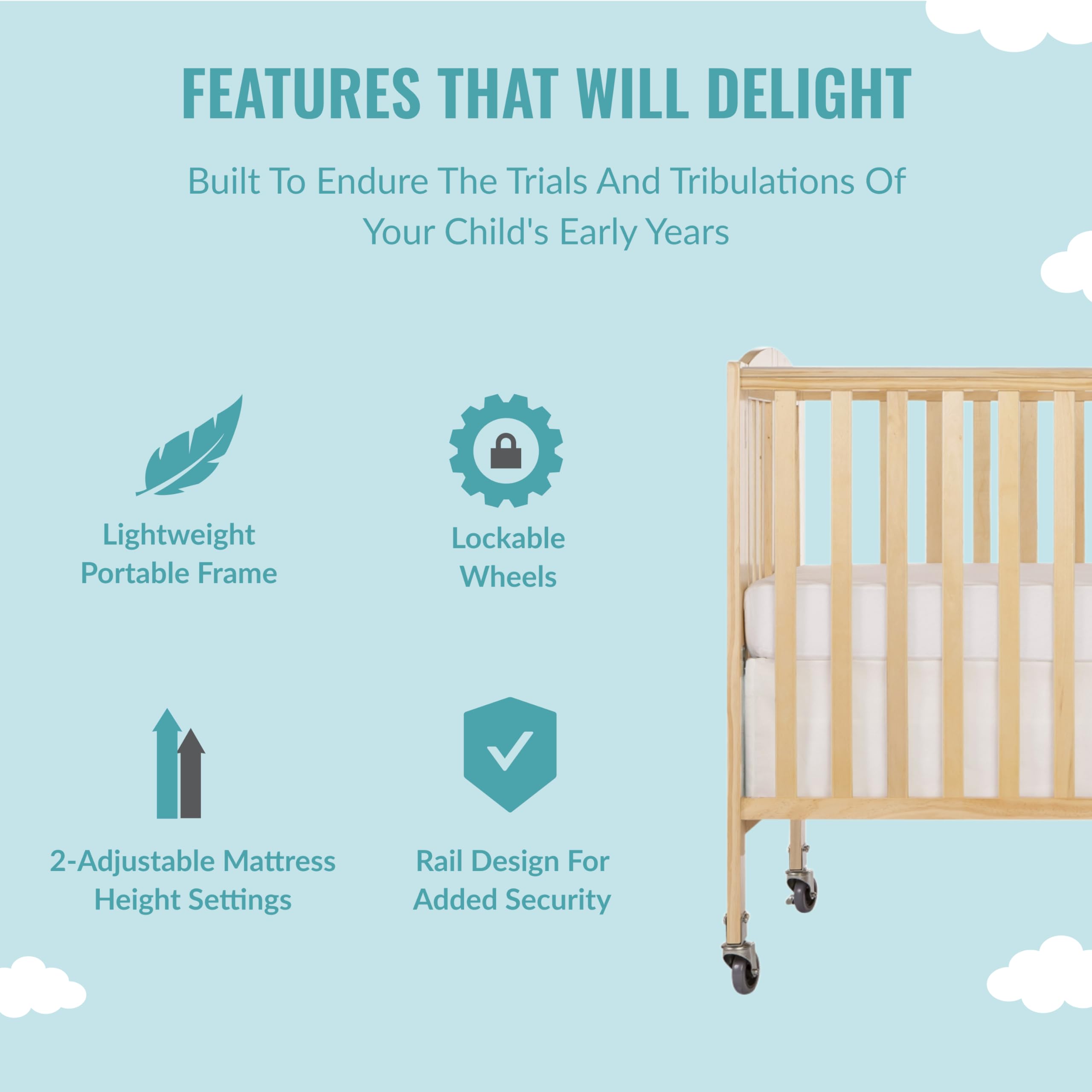 Folding Full Size Convenience Crib In Natural, Two Adjustable Mattress Height Positions,