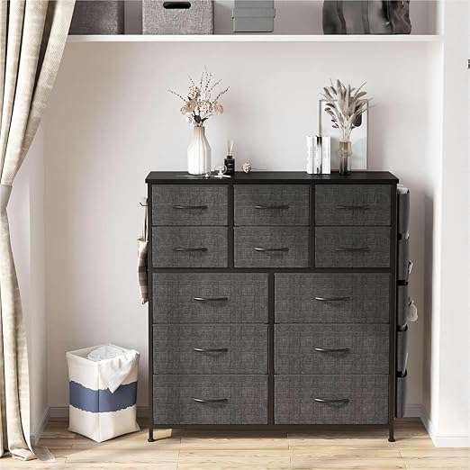 12 Dresser for Bedroom, Chest of Drawers for Bedroom with Side Pockets and Hooks