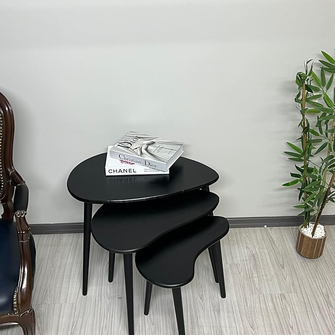 Solid Nesting Table Set of 3, Birch Mid Century Pebble Tables with Wood Tapered Legs