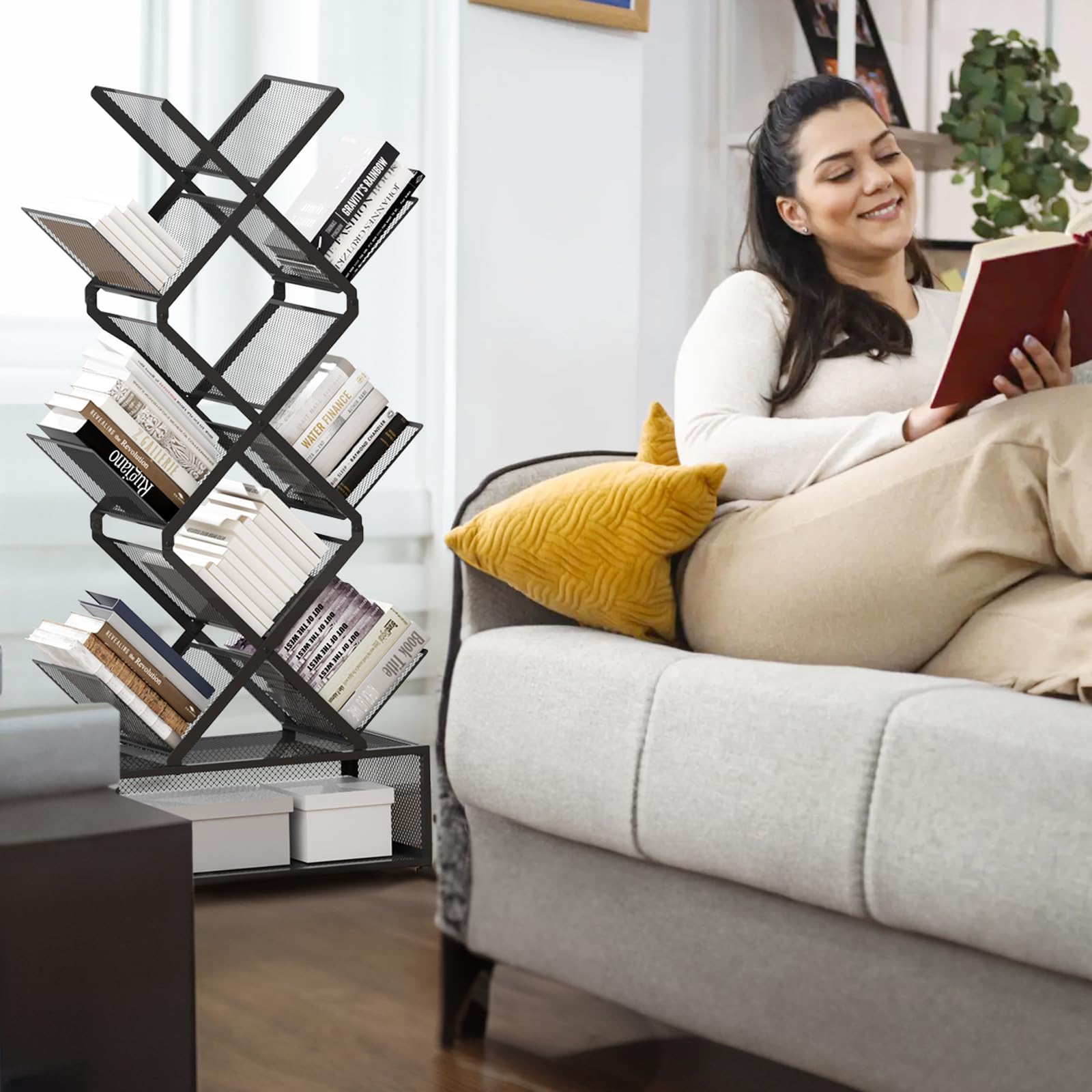 Gintan 9-Tier Corner Bookshelf with Storage,Bedroom Shelves Folding Bookshelves,No Installation Required Shelf Tree Bookcase for Living Room,Study,Home Office,Bed Room (Black)