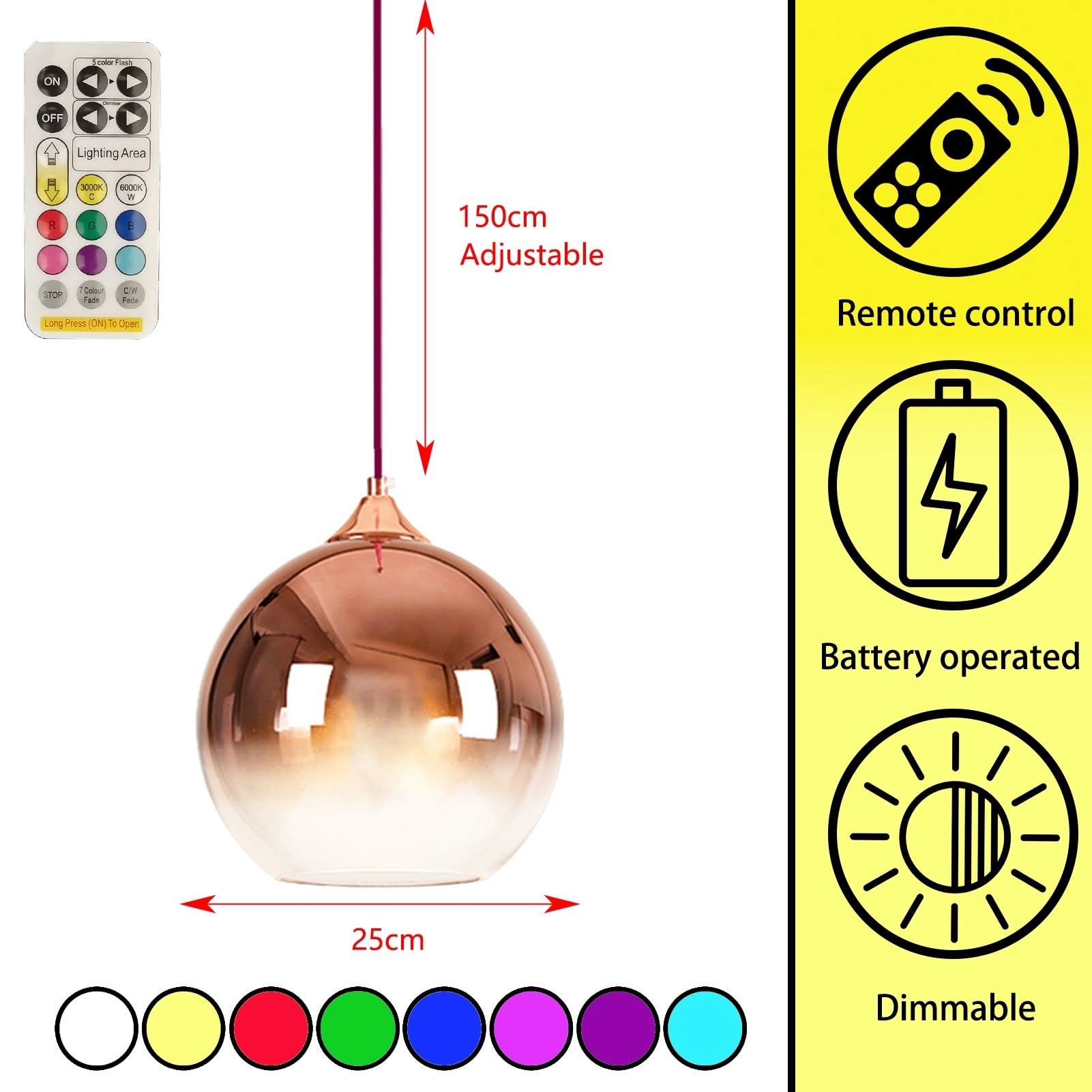 Battery Operated Pendant Light with Remote Control - Dimmable LED Ceiling Light