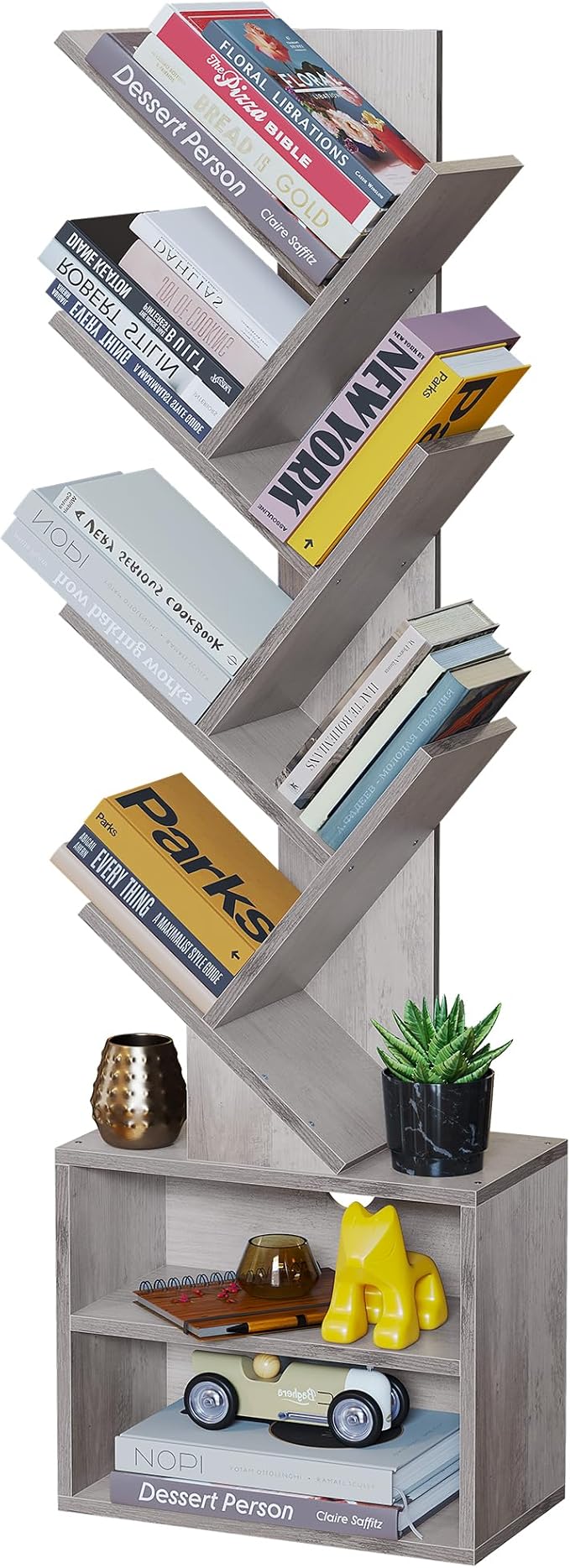 6 Tier Tree Bookshelf, Small Bookcase with Storage Cabinet, Modern Narrow Bookshelves