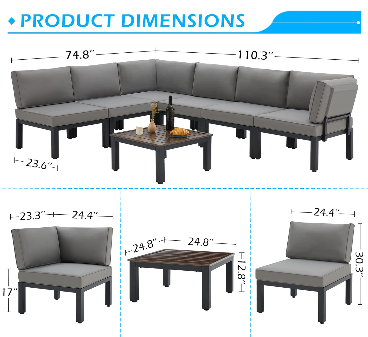 Outdoor Patio Furniture Set, Metal Patio Sectional Conversation Sofa, Black Wrought Iron