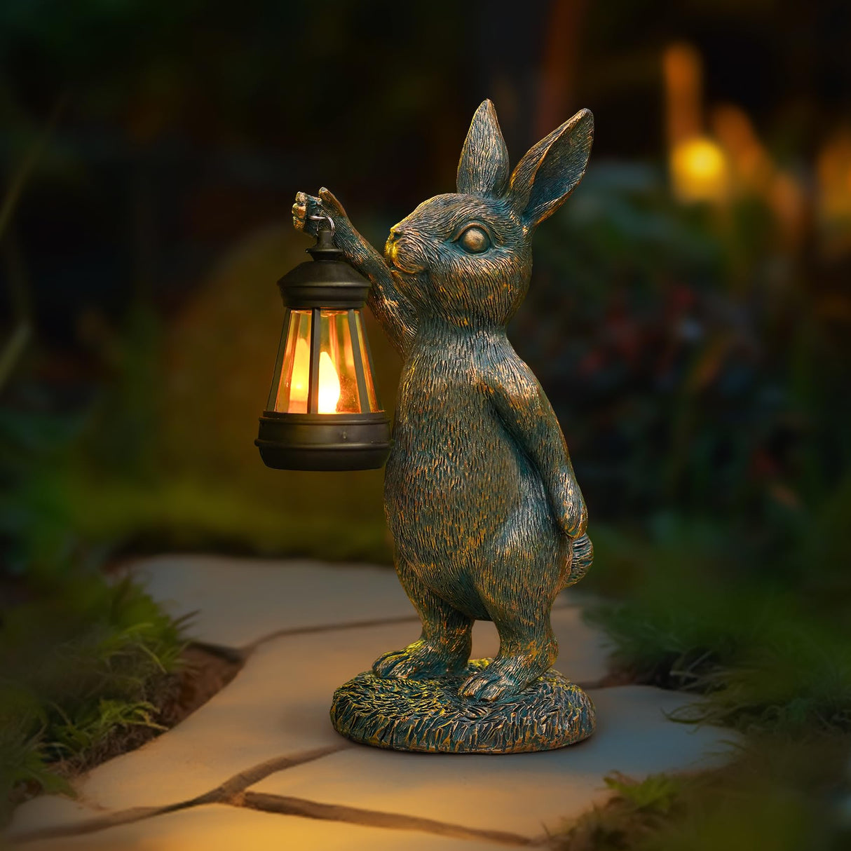 Garden Statues with Solar Lantern Bunny Outdoor Resin Sculpture