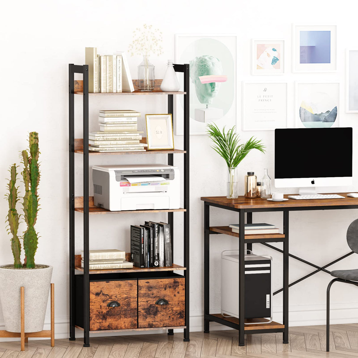 5-Tier Bookshelf, Tall Bookcase with 2 Storage Drawers, Industrial Display Standing Shelf