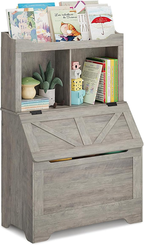 Storage Organizer, Large Wooden Toy Box Chest with Flip-top Lid and Cubby, 3-Tire Children's Bookcase