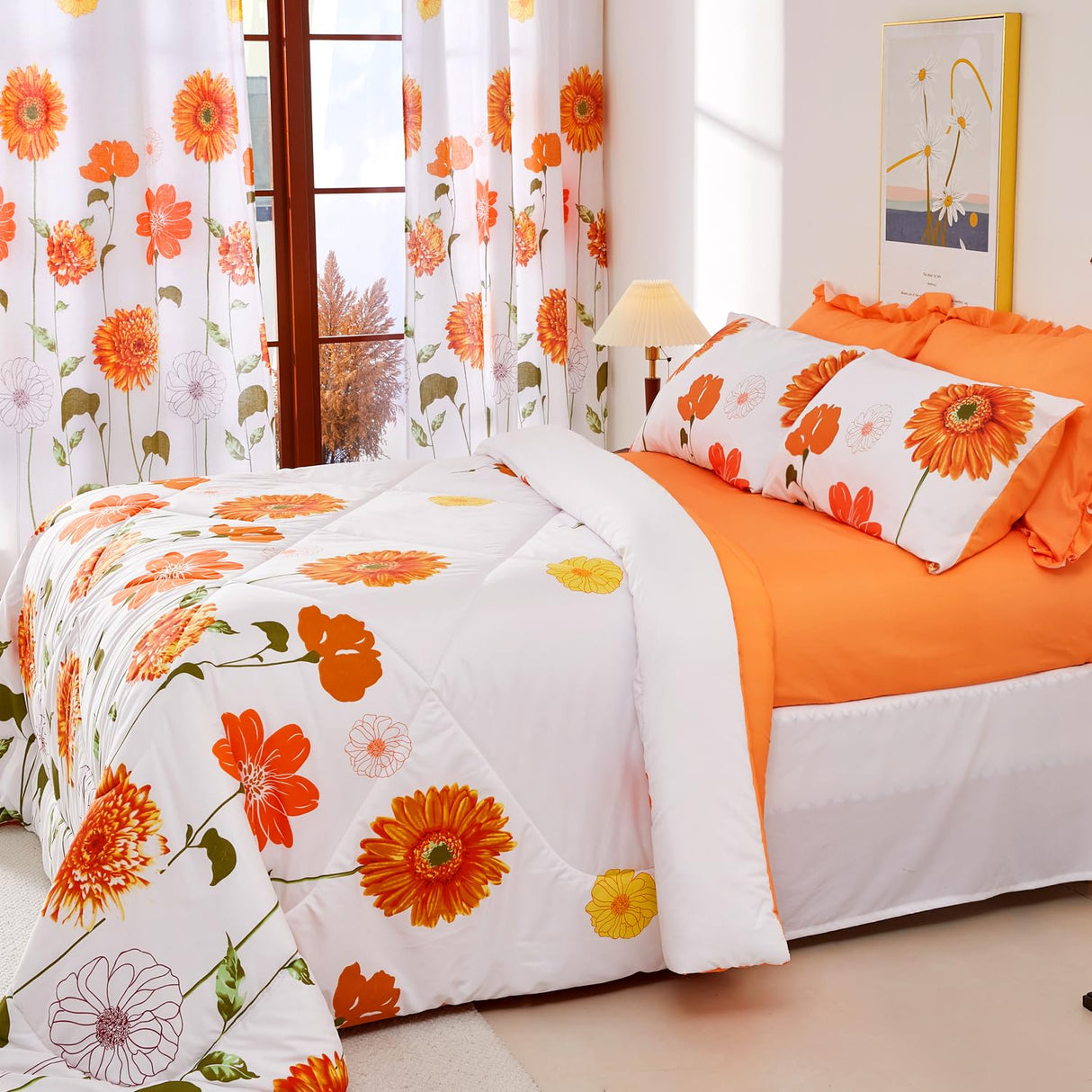 Queen Comforter Set 7 Pieces Reversible Queen Size Comforters for All Season Orange