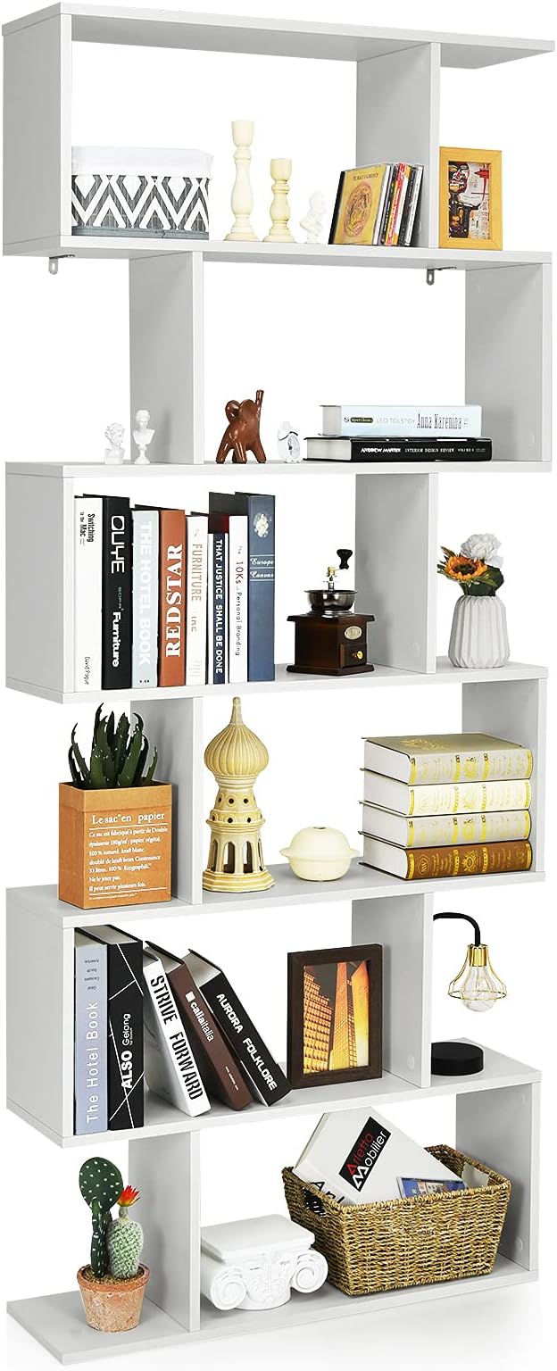 6 Tier S Shaped Bookshelf, 31.5''L x 9''W x 75''H, Wooden Bookcase and Bookshelves w/Anti-Toppling Device, Room Divider Display Shelves for Living Room, Home Decor, 6 Shelf Bookshelf
