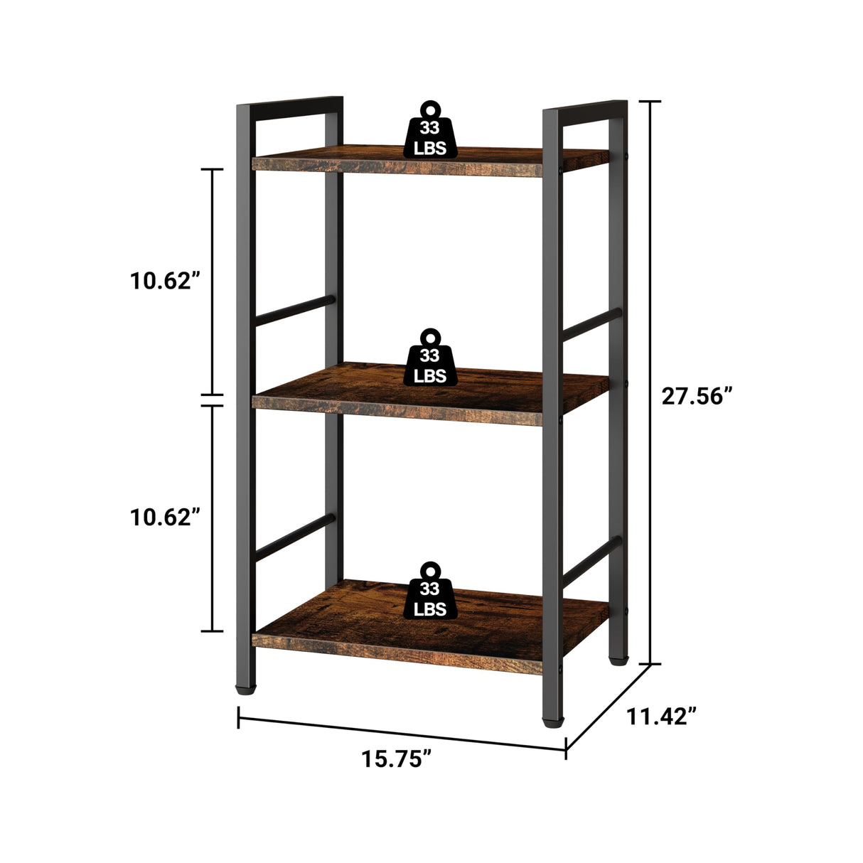 3 Tier Bookshelf, Small Bookcase with 3 Open Shelves, Short Metal and Wood Book Shelf