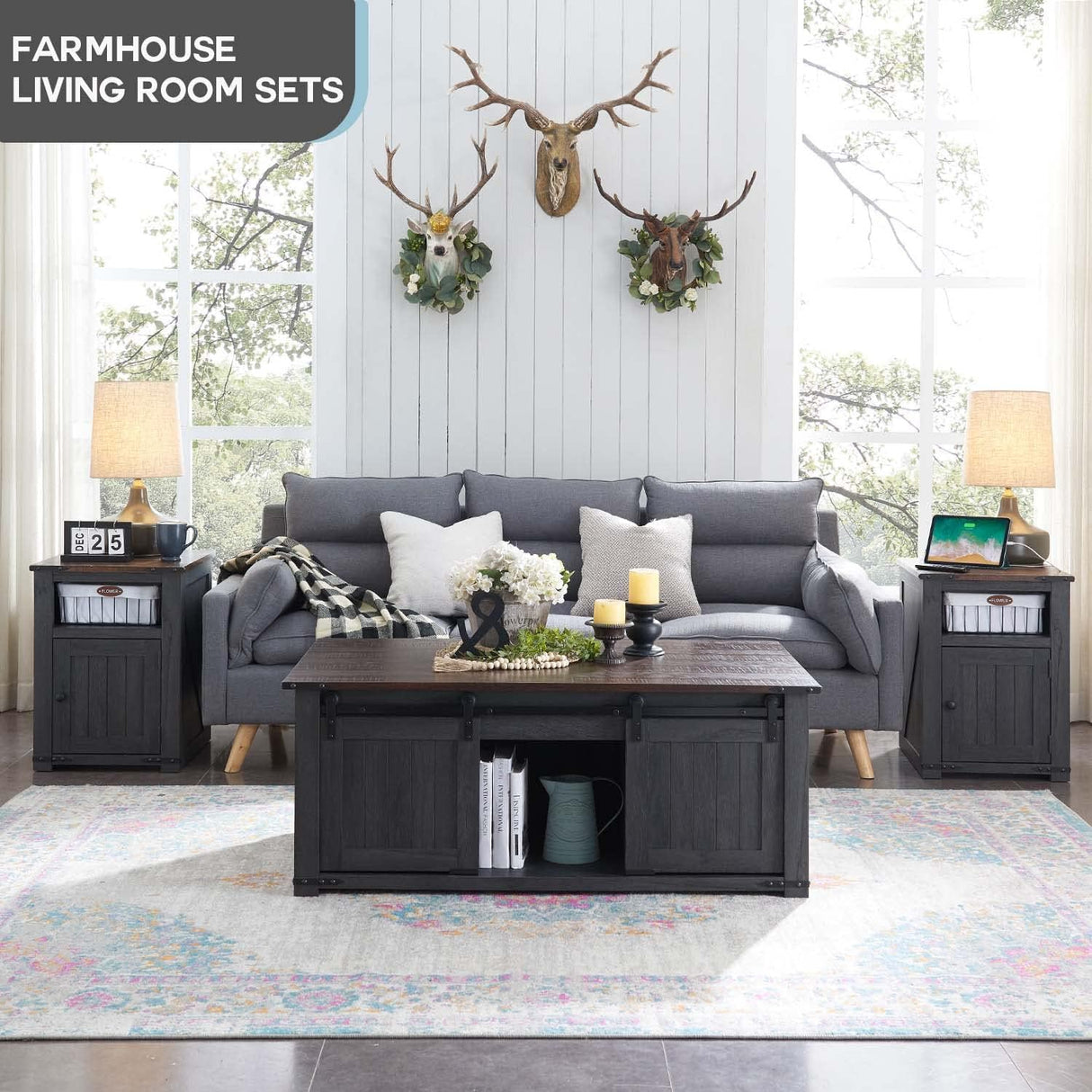 Lift Top Coffee Table with Double Storage Spaces, Farmhouse Rustic Wood Center Table