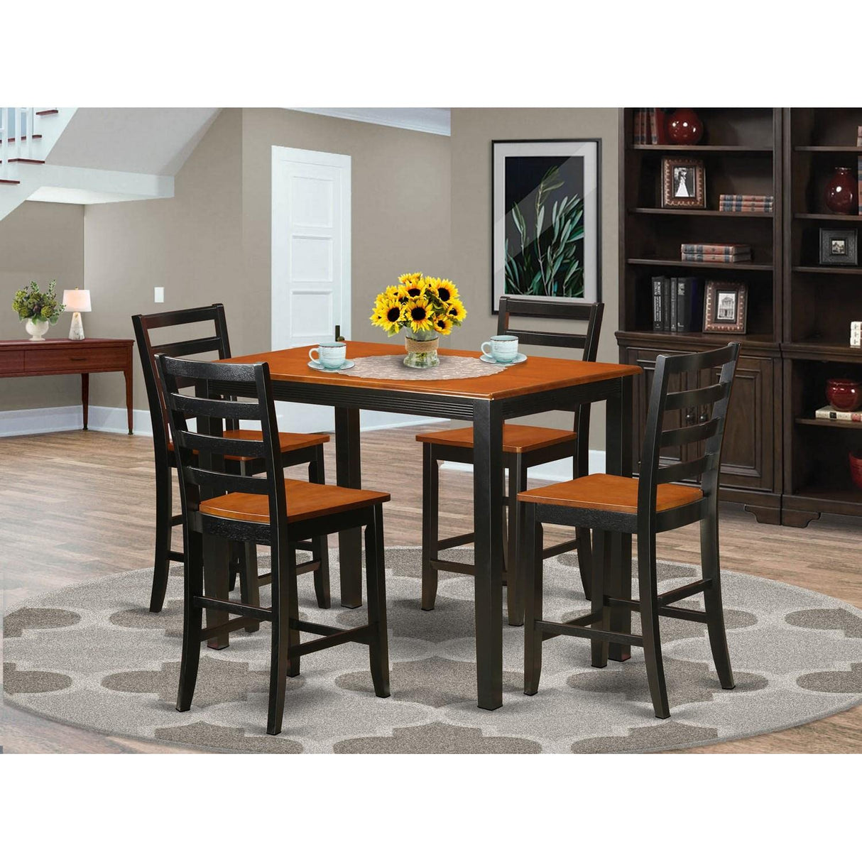 YAFA5-BLK-W 5 Piece Counter Height Dining Table Set Includes a Rectangle Wooden Table and 4 Kitchen Dining Chairs, \