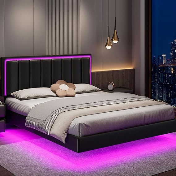 Queen Floating Bed Frame with RGB LED Lights