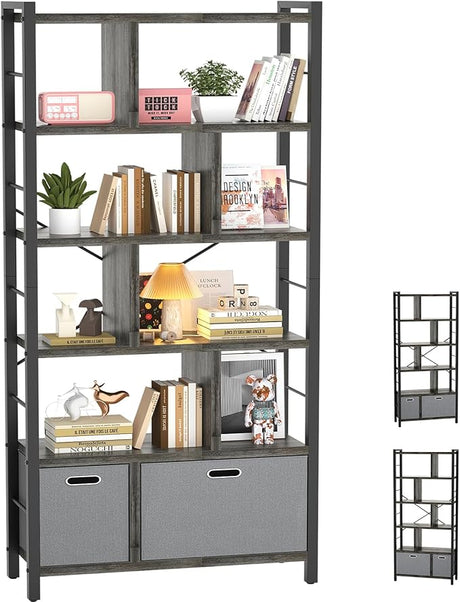 Tall Bookshelf, 6 Tier Bookcase with Drawers, Modern Book Shelf Display Standing Shelf