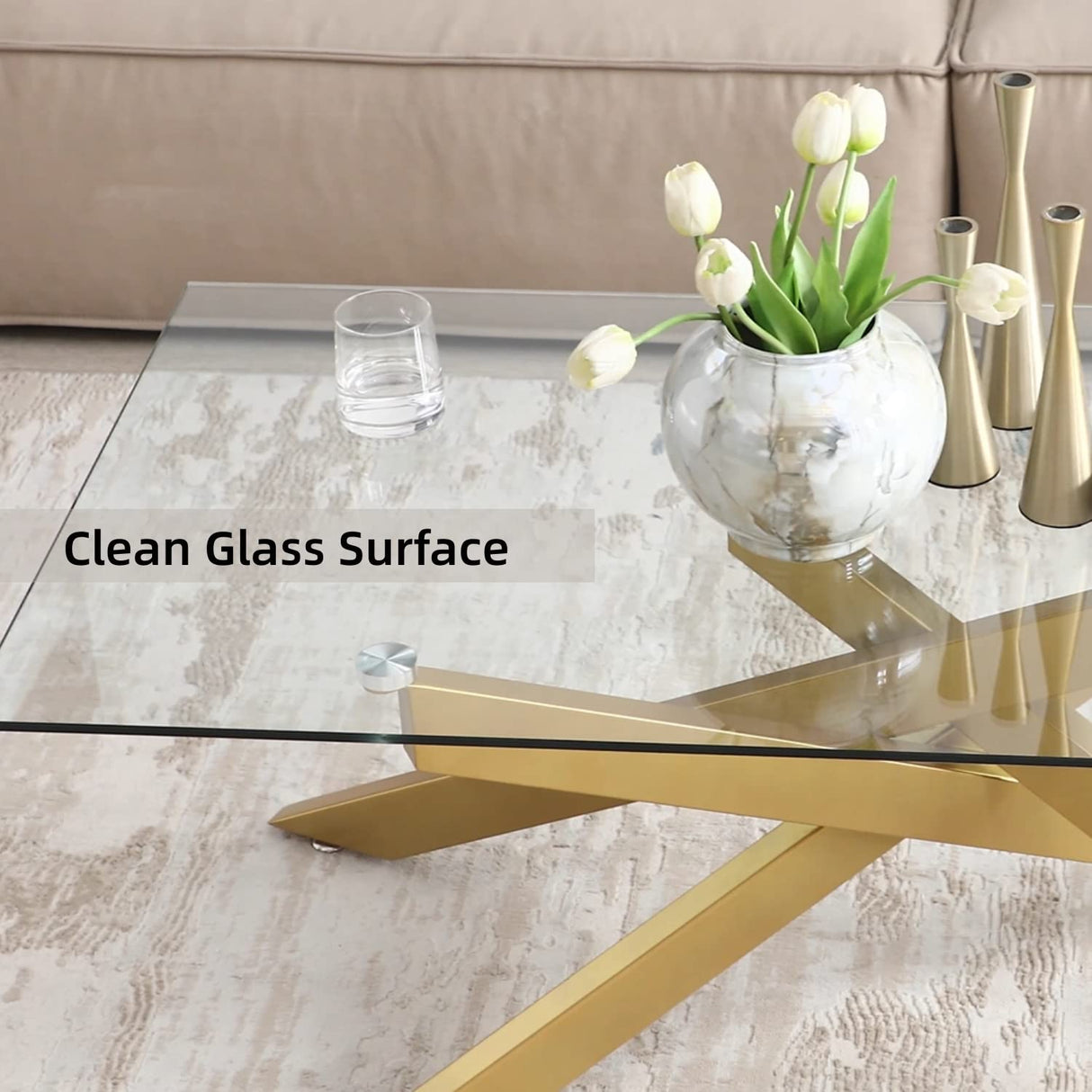 Rectangle Modern Coffee Table, Tempered Glass Top and Metal Tubular Leg,