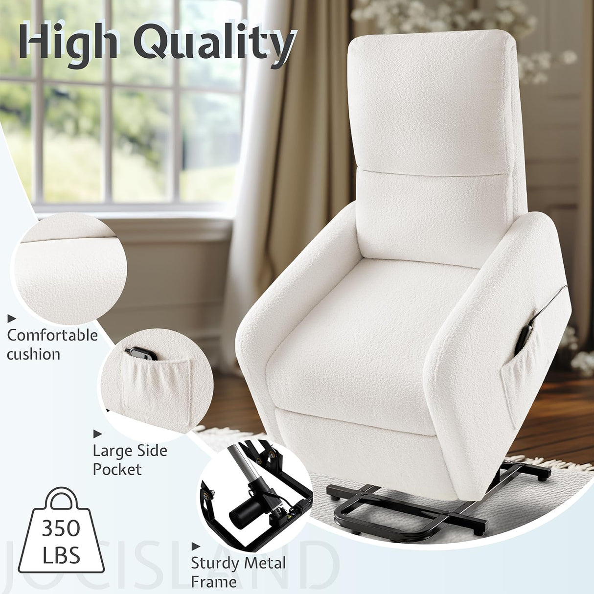 Lift Recliner Chairs for Adults, Small Electric Recliners with High Back & Side Pocket for Nursery Living Room Bedroom, Comfy Upholstered Modern Nursing Single Sofa, Teddy White