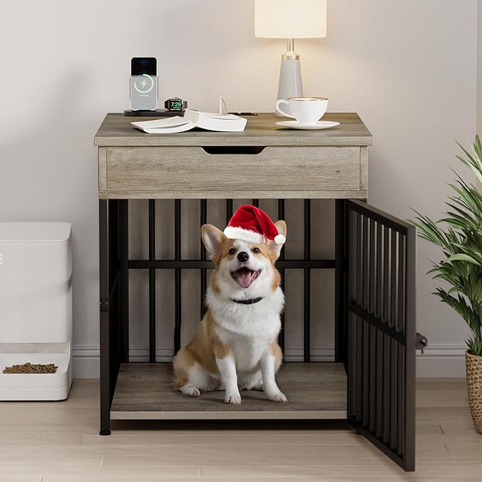 Dog Crate Furniture for Small Dogs with Charging Station