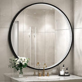 28 Inch LED Black Frame Round Mirror,Round Bathroom Mirror with Light,Anti-Fog & Dimmable