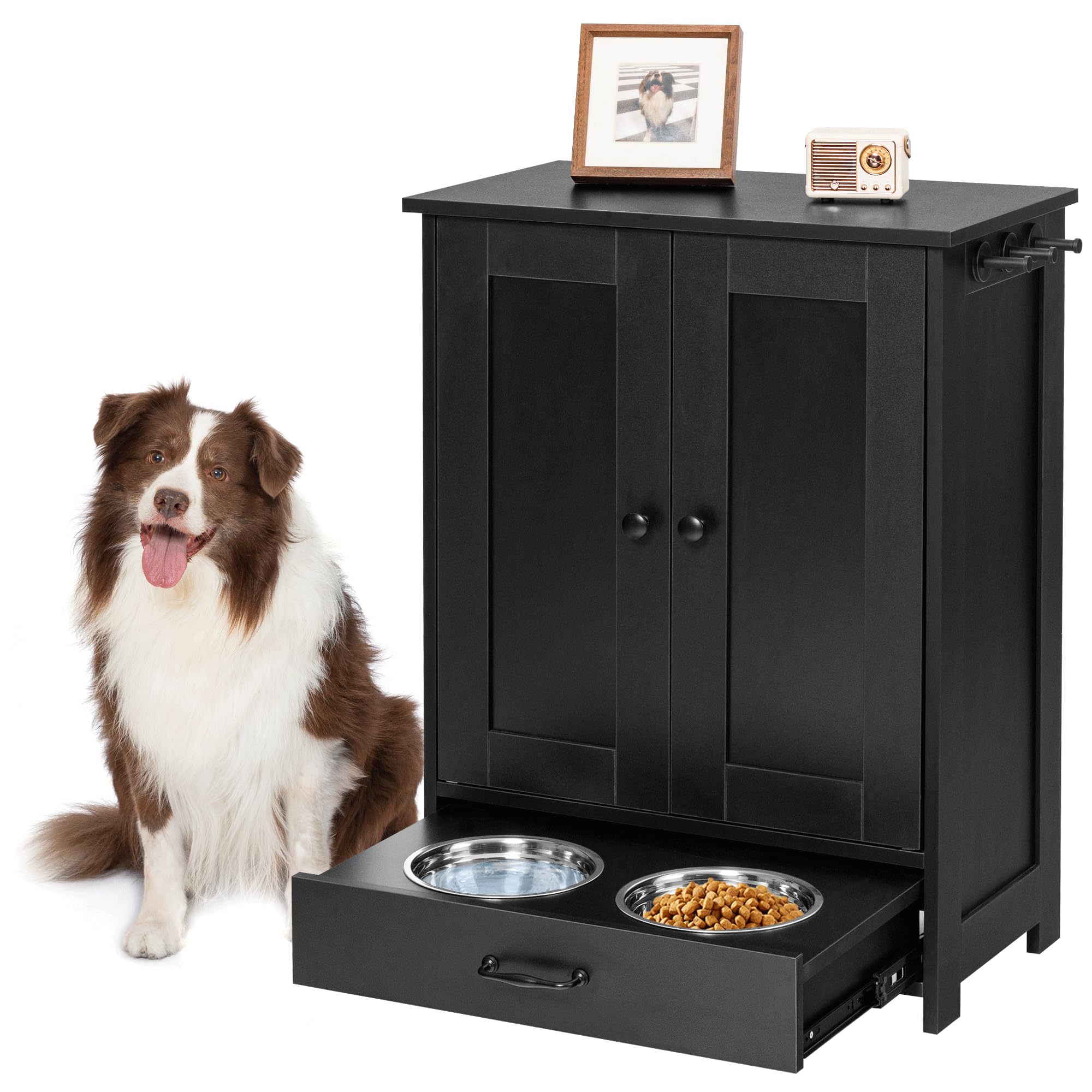 Dog Feeding Station with Storage Cabinet and 2 Elevated Bowls - Black