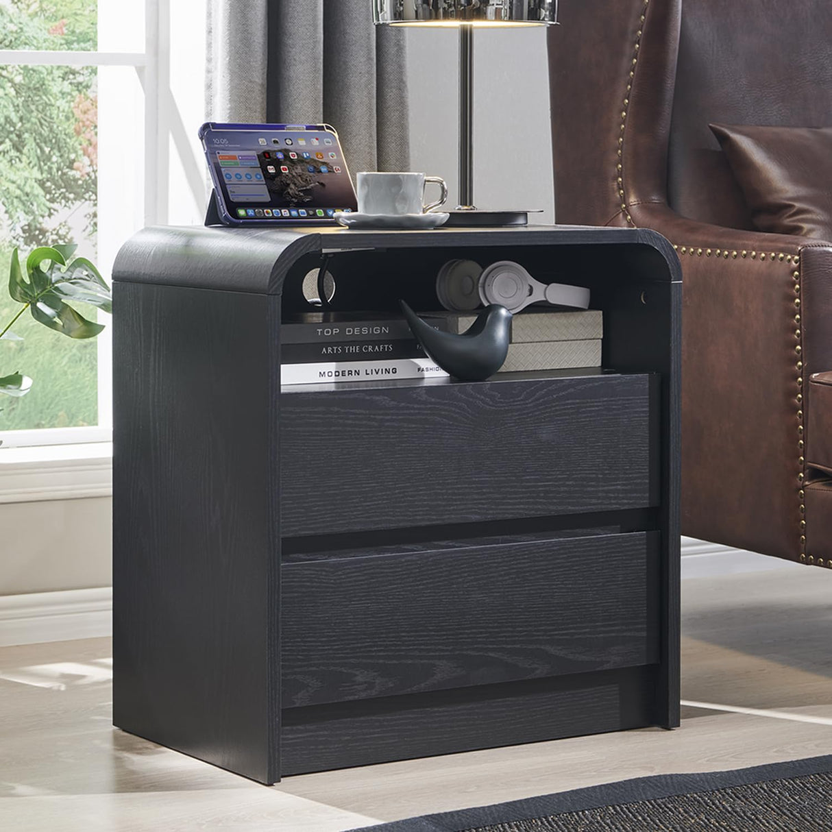 Aitjunz 25" Tall Modern Nightstand with Charging Station, 23.6'' Wide Wood Bedside Table w/2 Storage Drawers, Large Mid Century End Table for Bedroom, Living Room, Curved Profile Design, Black